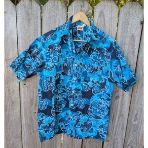 Vintage Y2K Sideout Aloha Hawaiian Camp Shirt Blue Skulls Floral Medium